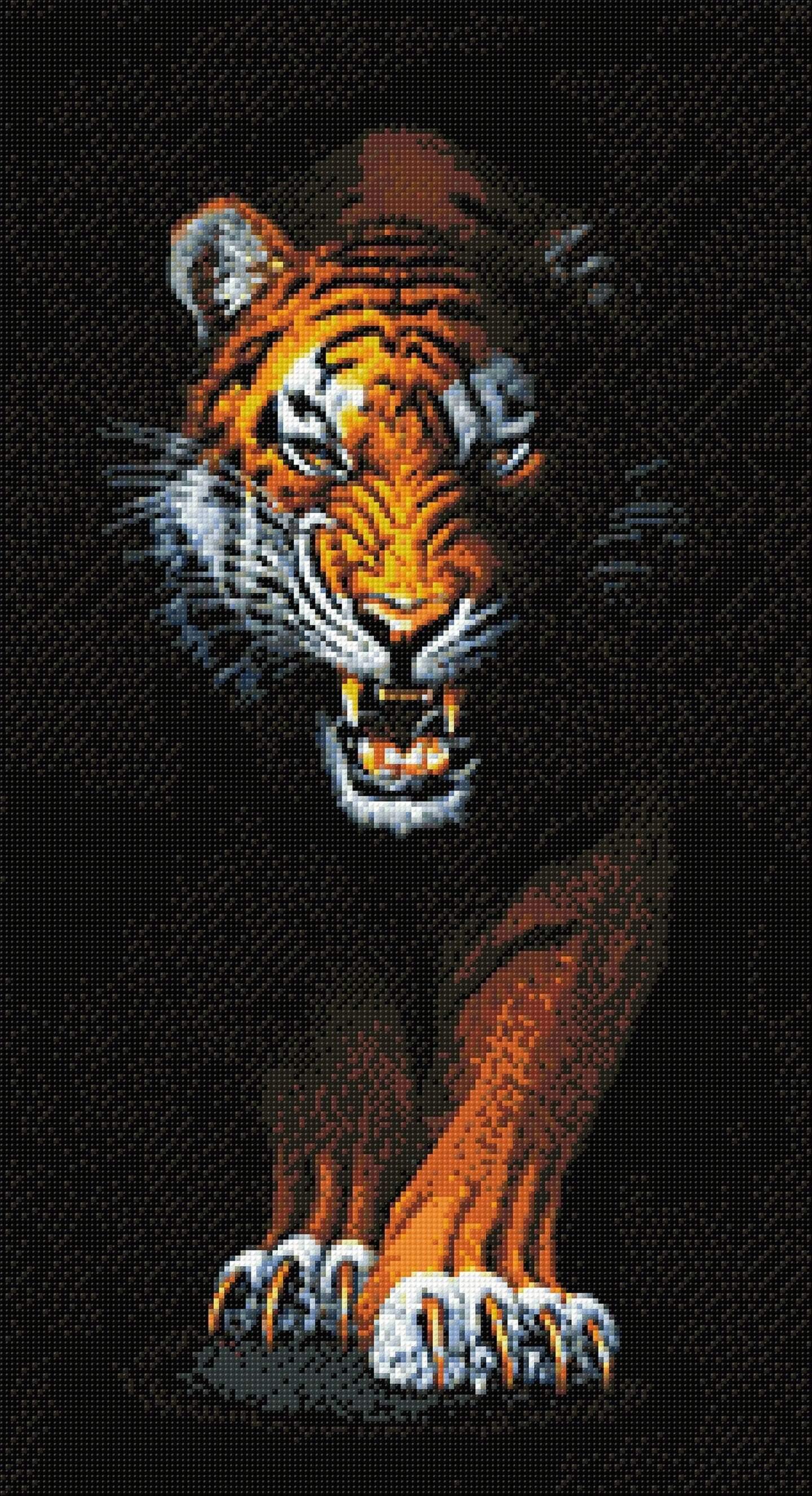 Stalking Tiger WD2408 Diamond Painting Kit featuring a self-adhesive canvas, vibrant square acrylic diamonds, and essential crafting tools.